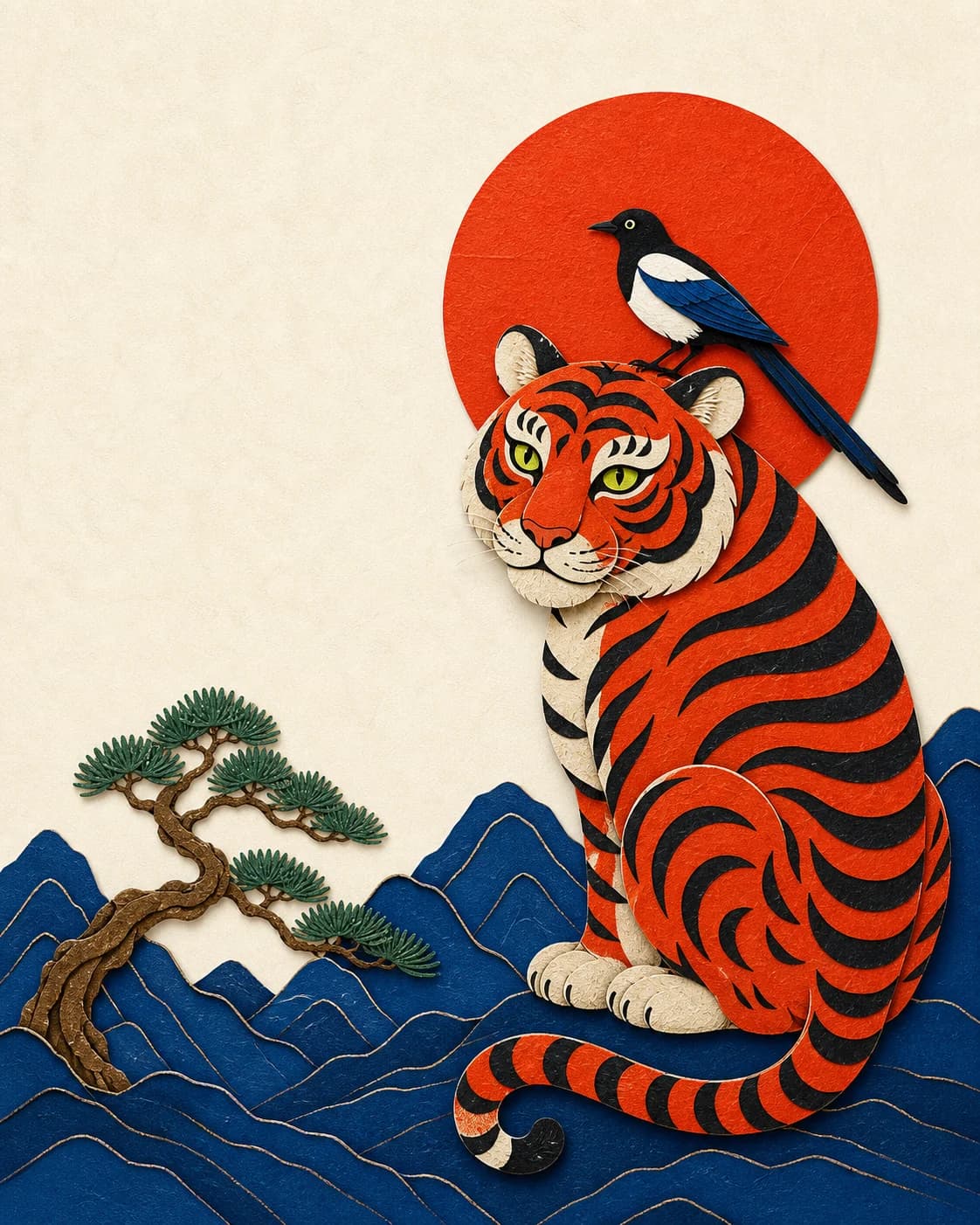 Korean folk tiger and magpie in layered paper art